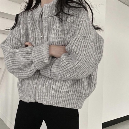 Korean chic retro lazy wind round neck zipper hemp pattern loose thick needle thickened cardigan sweater jacket women