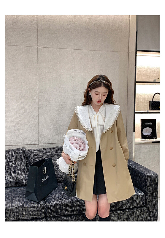 Autumn is new! [L.L STUDIO] Korean style stitching lace lapel double-breasted trench coat (with belt) 77956# PCZ