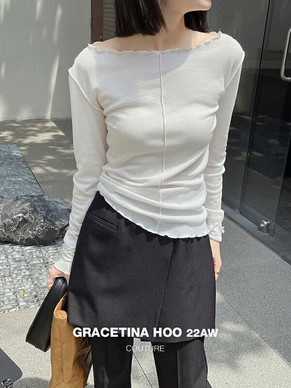 [GRACETINA HOO] French fungus edge one-word collar all-match long-sleeved T-shirt soft waxy skin-friendly pit strips are thin T2241