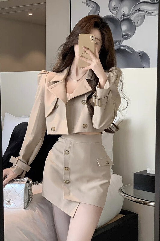 New in early autumn! [JH] Net red short windbreaker short coat + thin solid color skirt suit (with cufflinks) 42680# PCZ