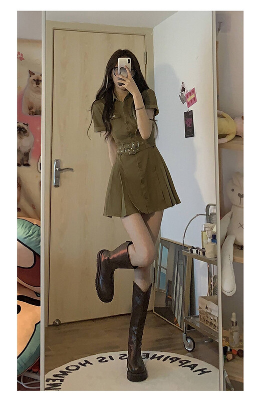 New in early autumn! [L.L STUDIO] American hot girl short-sleeved waist dress (with belt) 77691# PCZ