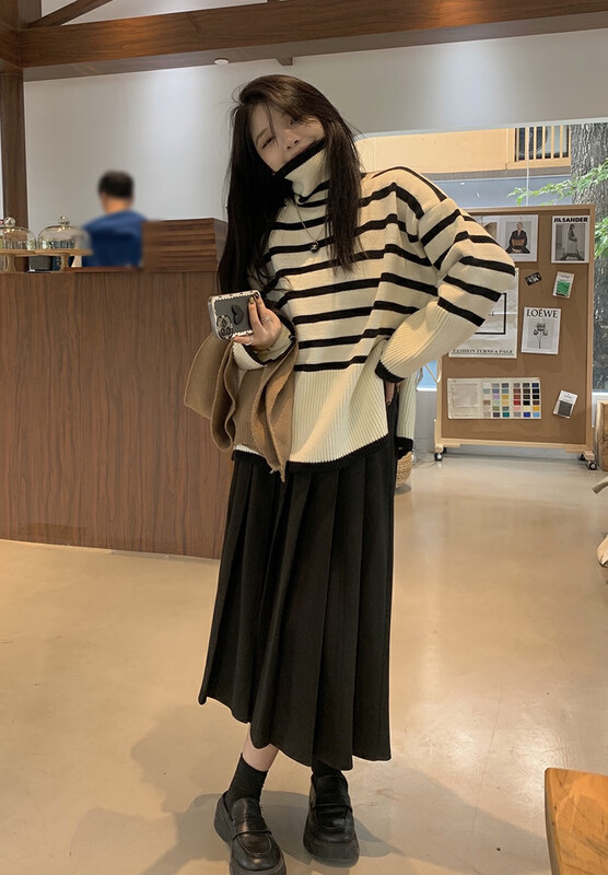 New in autumn! [JH] Net Red Striped Pullover + Pleated Skirt Set 42914# PCZ
