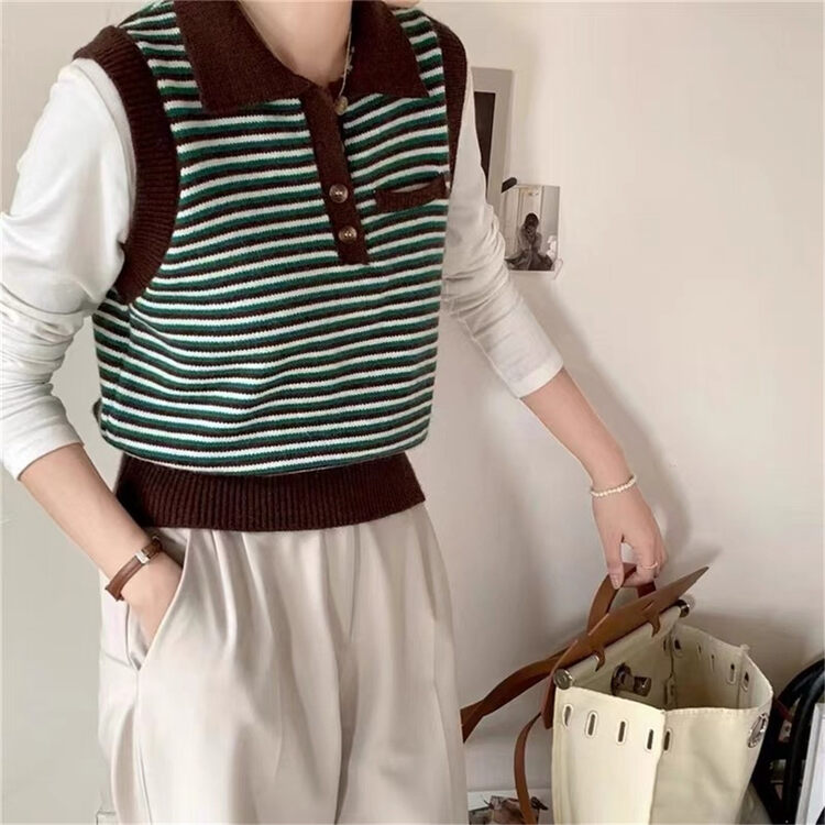 New in autumn! [ARE YOU] Color-blocked stripes comfortable and versatile sleeveless vest (only vest) 231# L