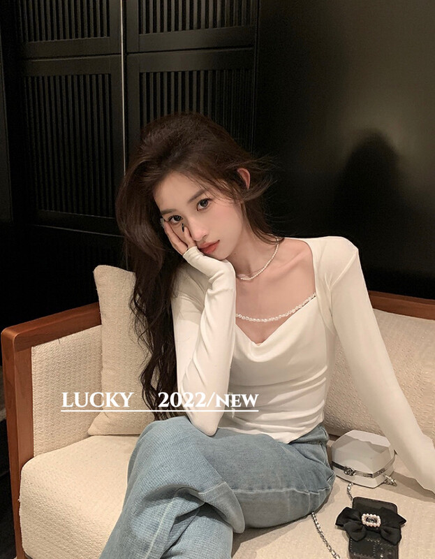 【LUCKY】Pearl Chain Design Pure Desire Thin Shirt 9417# ZXX