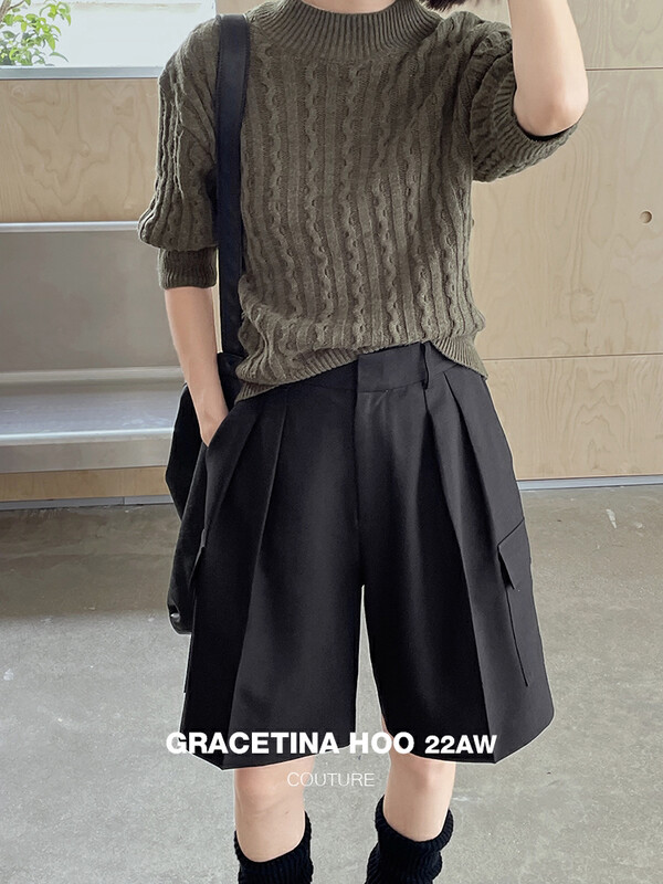 【GRACETINA HOO】Simple Loose Casual High Waist Five Points Casual Shorts (Three-Dimensional Pocket Thickened Full Composite) K9272# CQW