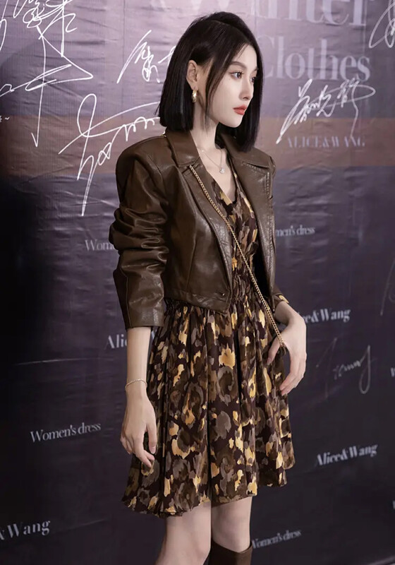 Autumn is new! [JH] Net Red Washed Leather Jacket + Floral Dress Suit 42921# PCZ