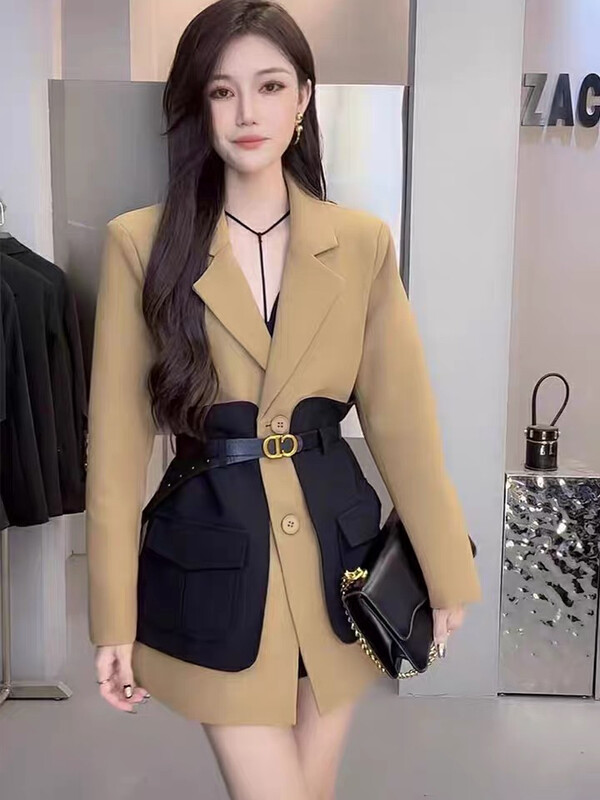 Autumn is new! [L.L STUDIO] Xiaoxiang style stitching temperament suit (with belt) 78031# PCZ