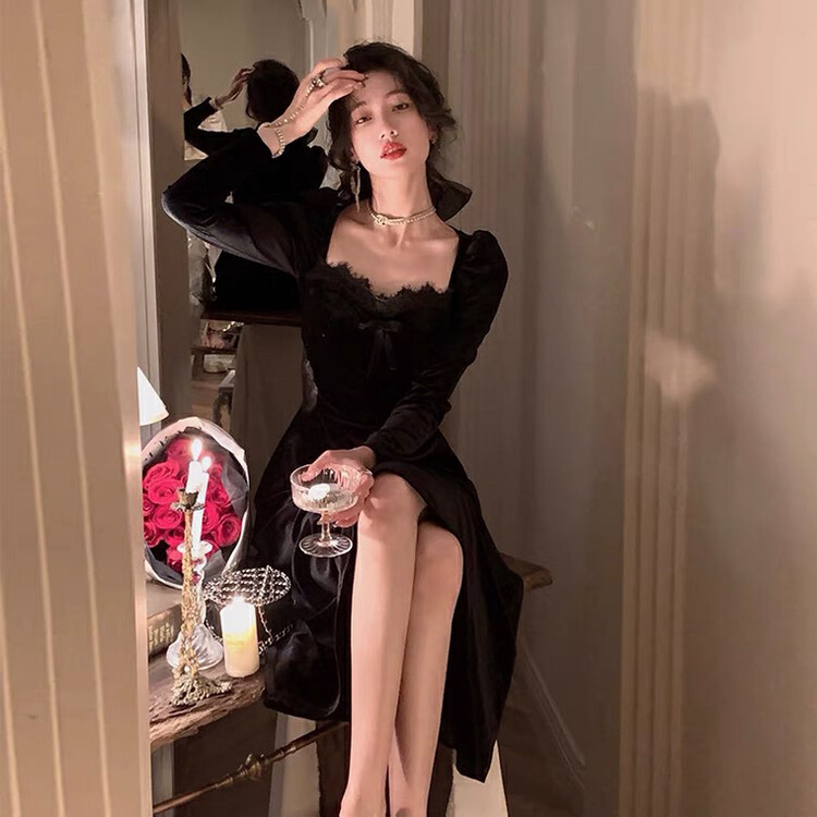 New in early autumn!【L.L STUDIO】French black waist retro dress 78063# PCZ