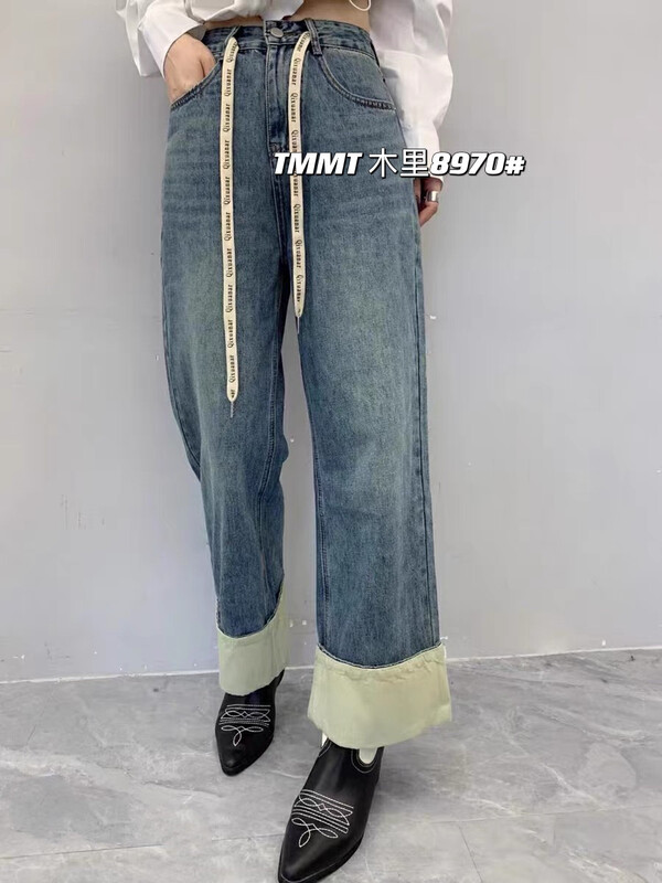 Autumn models are new! [JIAJIATMMT Muli] Design sense flanging straight tube contrast color drawstring wide-leg jeans 8970# L