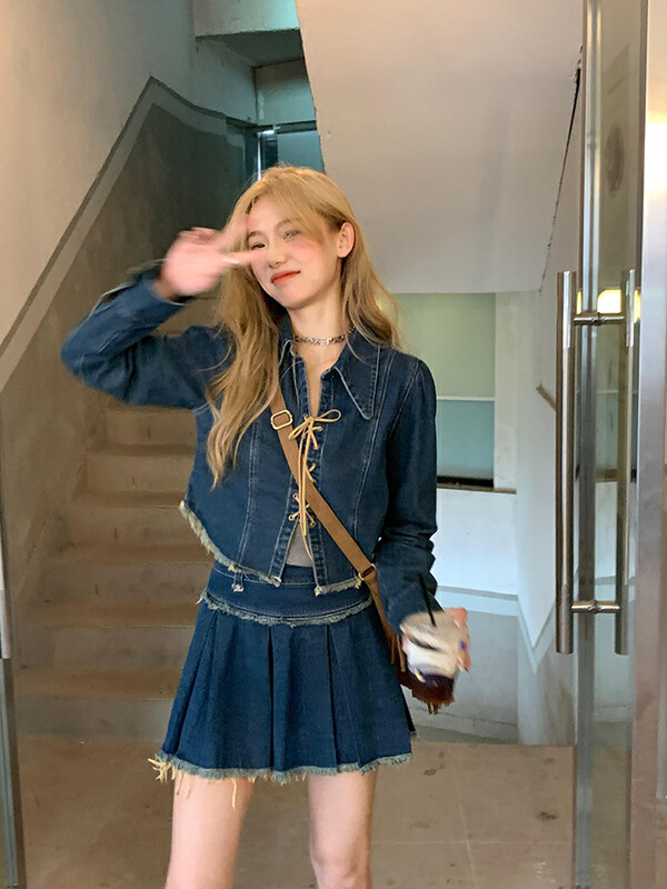 Autumn is new!【L.L STUDIO】Fashion lace-up short coat + slim all-match skirt two-piece suit 77880# PCZ