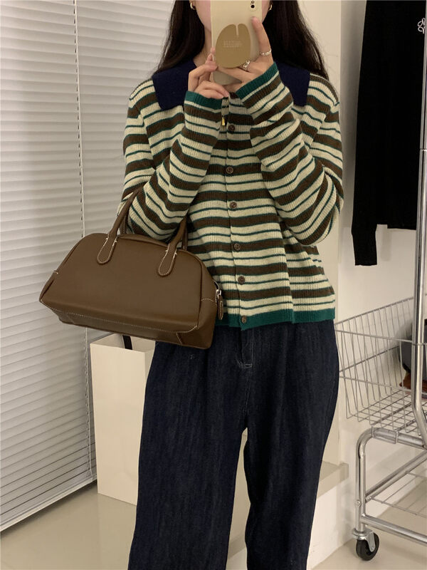 New in autumn!【ARE YOU】Vintage Contrast Polo Collar Striped Knit Sweater 115# L
