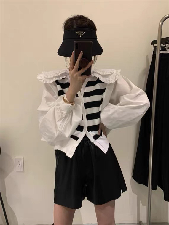 New in autumn!【L.L STUDIO】Doll collar striped stitching shirt 77957# PCZ
