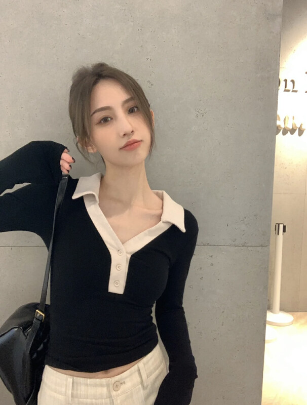 New in autumn! [SAVAGE] Contrast color lapel V-neck design slim fit sweater E9962# WPL