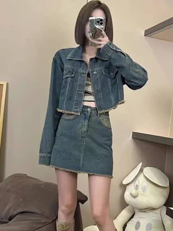 New in autumn!【L.L STUDIO】Fashion small design denim jacket + slim skirt two-piece suit 77920# PCZ