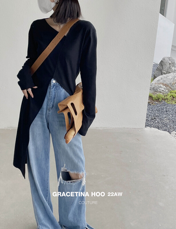 [GRACETINA HOO] Tencel denim soft niche high waist ripped hole design straight jeans N219