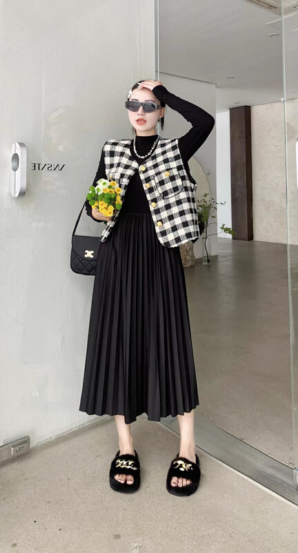 Autumn is new! [JH] Net Red Xiaoxiang Plaid Vest + Pleated Dress Set 42887# PCZ