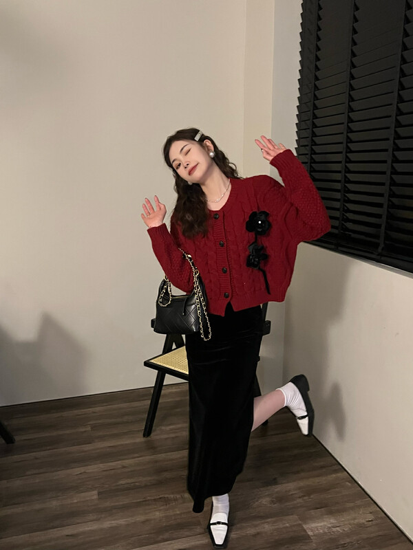 [FEI MAO] French niche three-dimensional flower hemp pattern long-sleeved cardigan sweater jacket sweater (with no accessories, not removable) Z-4572