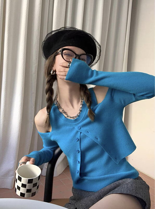 New in autumn!【SAVAGE】Slim-fitting fake two-piece off-the-shoulder sweater E9823# WPL