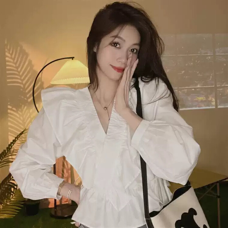 New in autumn!【L.L STUDIO】Korean ruffled lace-up shirt 77937# PCZ