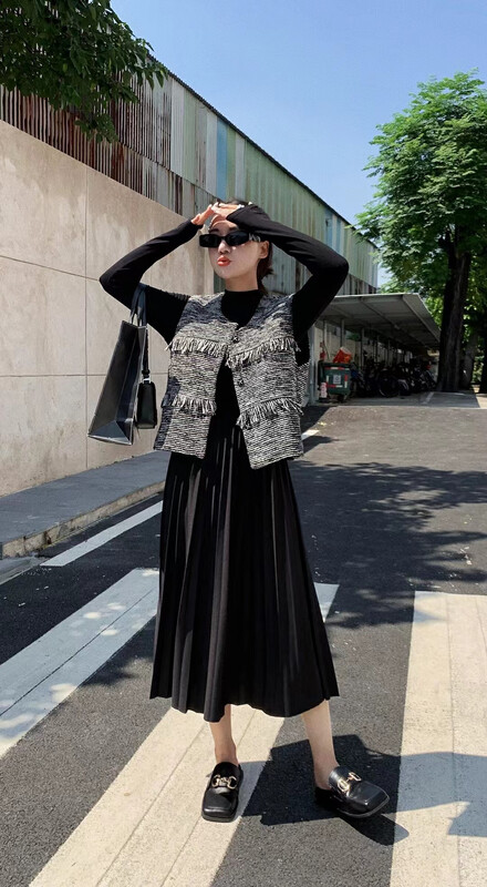 New in autumn! [JH] Net red tassel vest + pleated dress suit 42906# PCZ