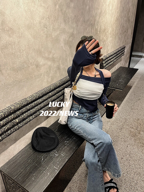 New in early autumn!【LUCKY】Fake two-piece stitching irregular small shirt 9351# ZXX