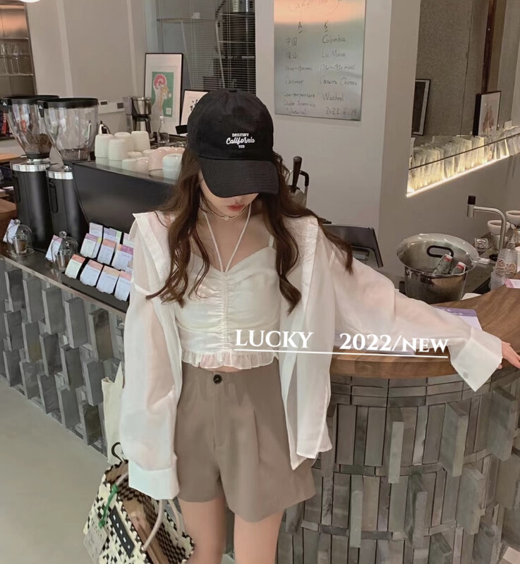 Autumn is new! [LUCKY] Design solid color shirt + ruffled drawstring camisole suit 9497# ZXX