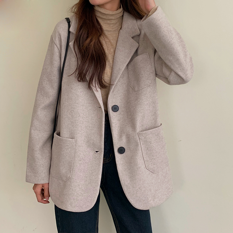 Real shooting real price 2022 autumn and winter Korean version simple loose net red lapel woolen long-sleeved suit woolen coat