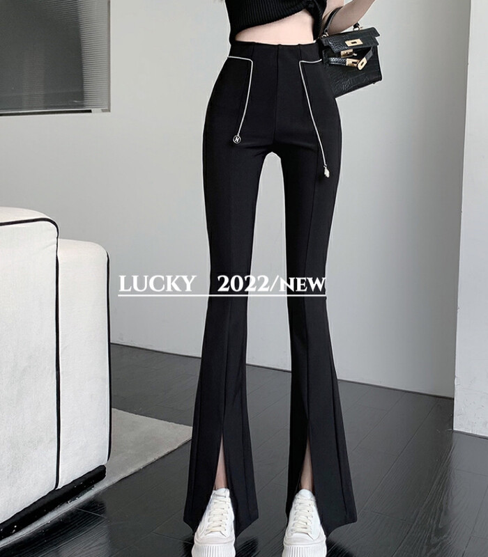 New in autumn! [LUCKY] Design sense of high waist and thin slit casual pants (with chain) 1207# ZXX