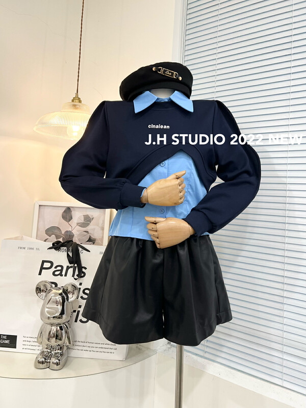 Live ④! Autumn is new! [JH] Net Red Pullover Short Sweater + Solid Color Versatile Shirt Suit 43004# PCZ