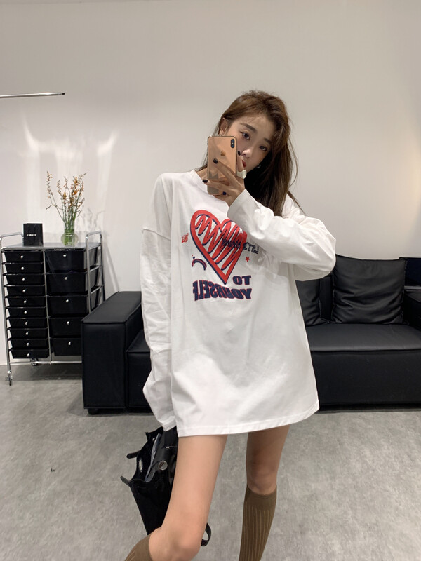 Original price 98.99! New in autumn! [VANESSA] Korean love pattern mid-length long-sleeved T-shirt 6807# OZQ