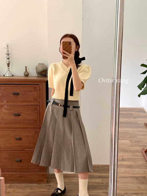 【OVINSYANG】Handmade pleated mid-waist skirt and skirt with double-waist design mid-skirt 8897