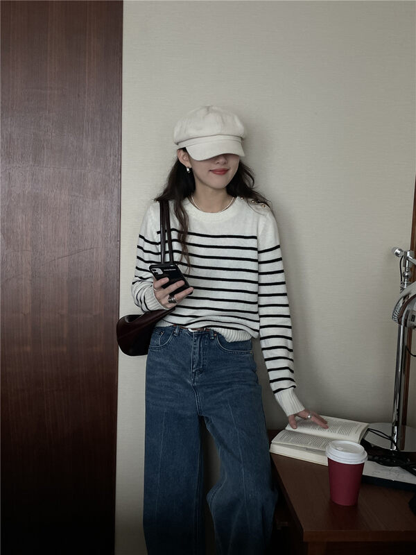 New in autumn! [TN] Round neck striped all-match pullover Korean knitted sweater 9170# CLS