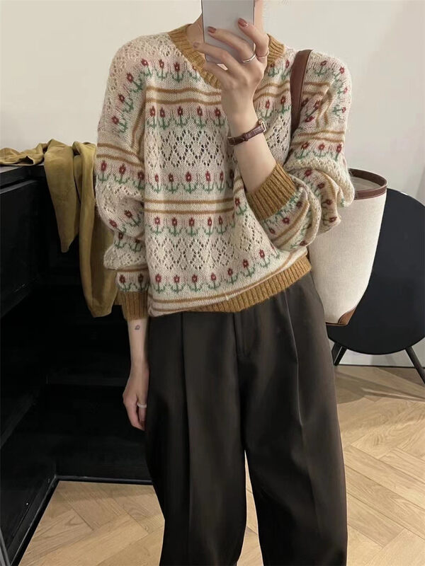 New in autumn! [ARE YOU] Korean retro crocheted round neck warm sweater 113# L