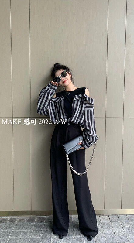 Autumn is new! [MAKE Charm] temperament women's double off-the-shoulder flanging striped waist small shirt 8945# OZQ