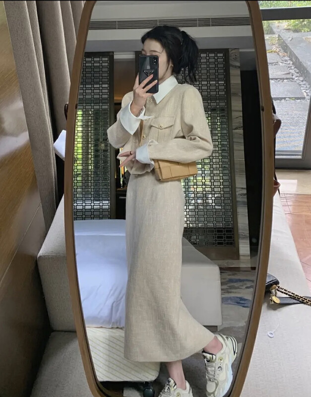 Autumn is new! [JH] Xiaoxiangfeng contrast color lapel short jacket + slim skirt two-piece suit 42765# PCZ