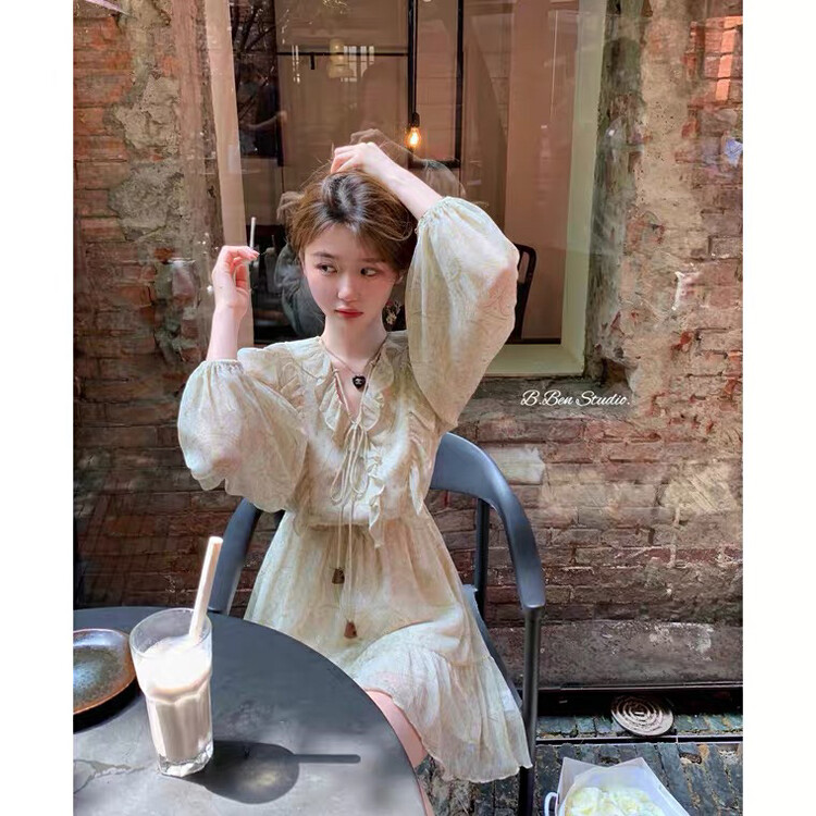 New in autumn!  【L.L STUDIO】French retro romantic chiffon floral dress 77818# PCZ