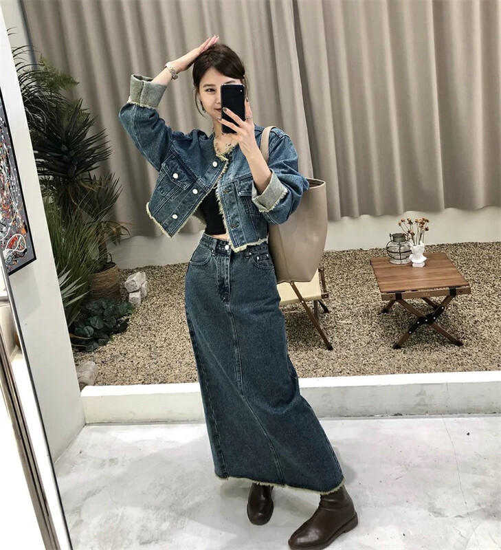 Autumn is new! [JH] Net red washed denim jacket + slimming all-match denim skirt suit (with belt) 42971# PCZ