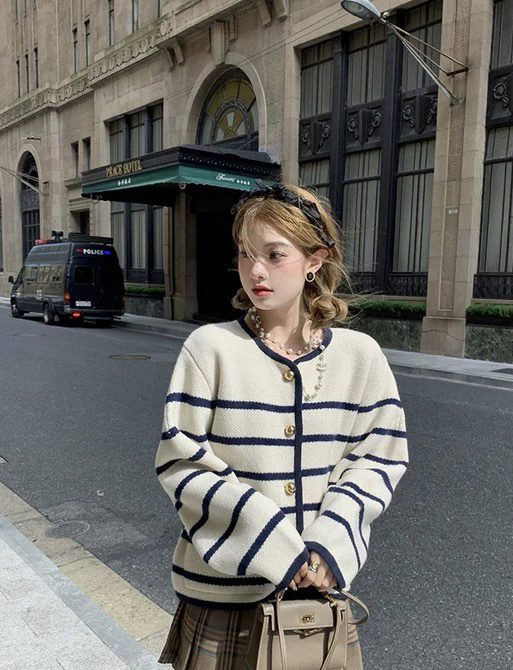 New in autumn!【L.L STUDIO】Korean striped all-match knitted cardigan 78005# PCZ