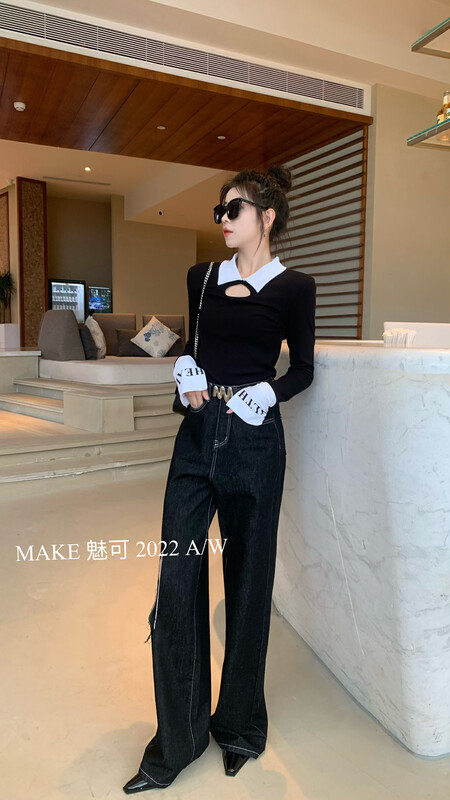 New in early autumn!  [MAKE Charm] Temperament woman with contrast color collar letter print sleeve front hollow shirt 50249# OZQ