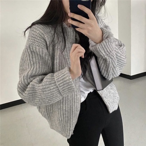 Korean chic retro lazy wind round neck zipper hemp pattern loose thick needle thickened cardigan sweater jacket women
