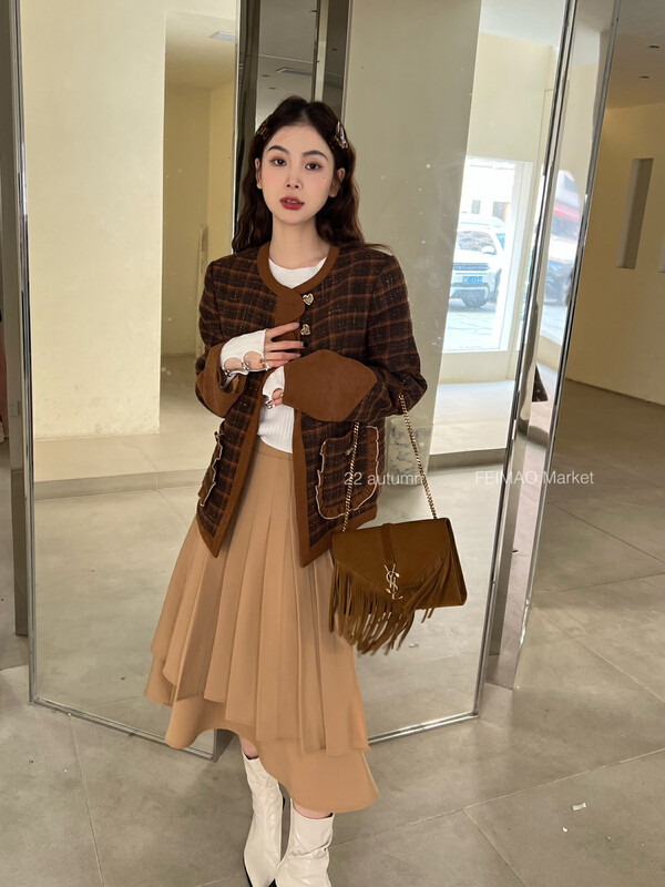 【FEI MAO】Retro plaid small fragrance style Korean style fashion coat short coat Z-8647# CQW