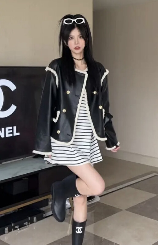 New in autumn! [JH] Net red Xiaoxiang wash water leather contrast color short coat 42917# PCZ
