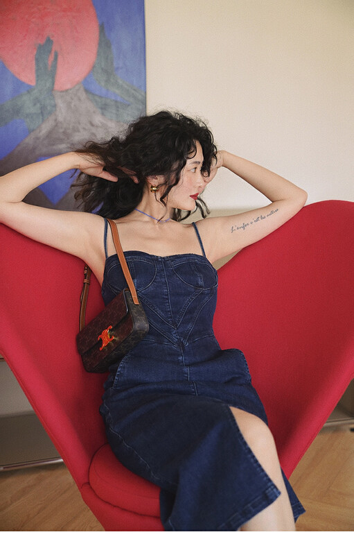 【L.L STUDIO】Vintage suspenders sexy slit denim skirt 77489# PCZ