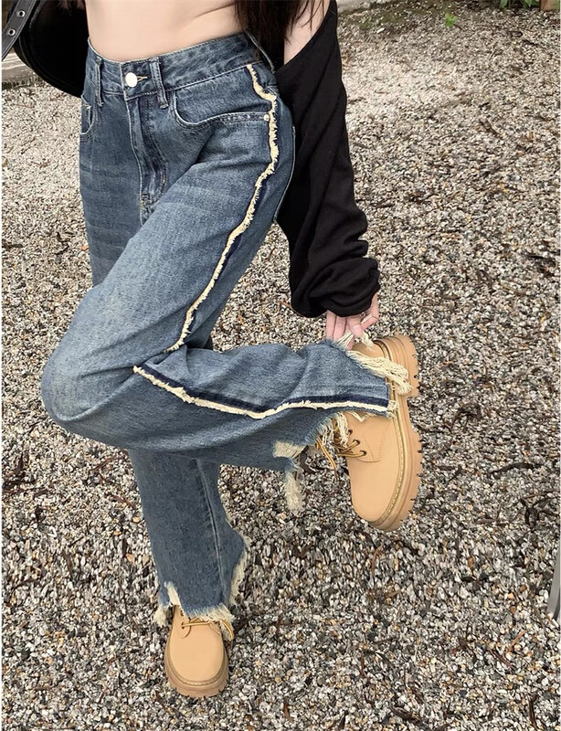 New in autumn! [JIAJIATMMT Muli] Retro straight striped ripped jeans (without chain) 6008# L
