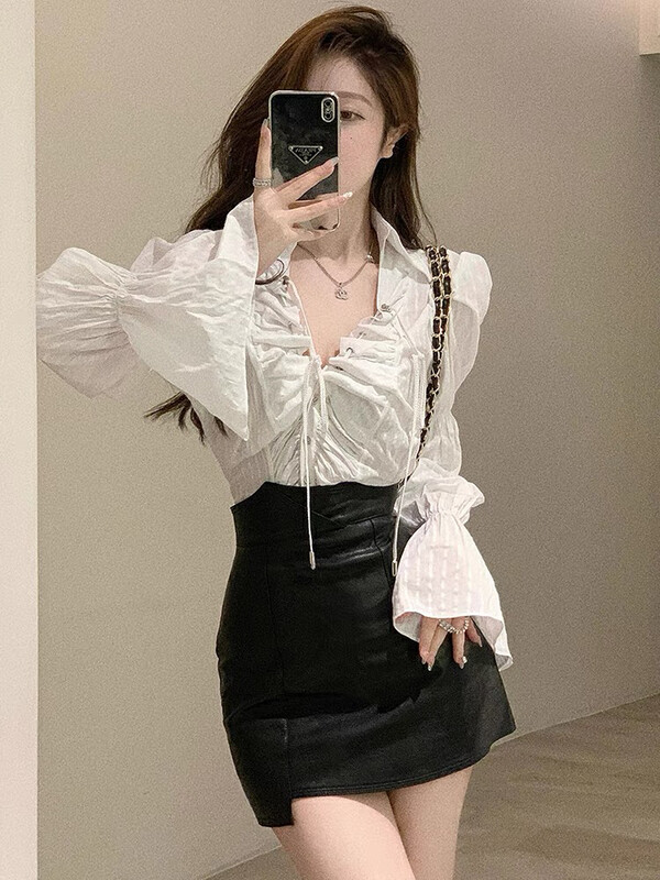 New in autumn!【SAVAGE】French niche design sense bandage drawstring shirt E9909# WPL