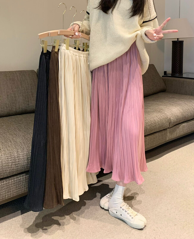 New in autumn! [Timely rain] Korean style ins sweet design velvet all-match high-waisted cover-up, thin and drape pleated skirt A2155# WPL