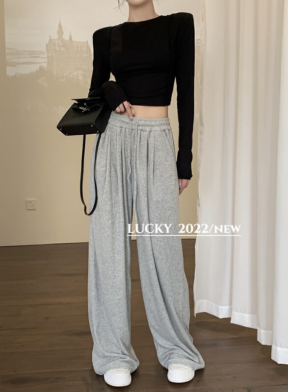 New in autumn!【LUCKY】Simple elastic waist slim wide leg casual pants 1214# ZXX