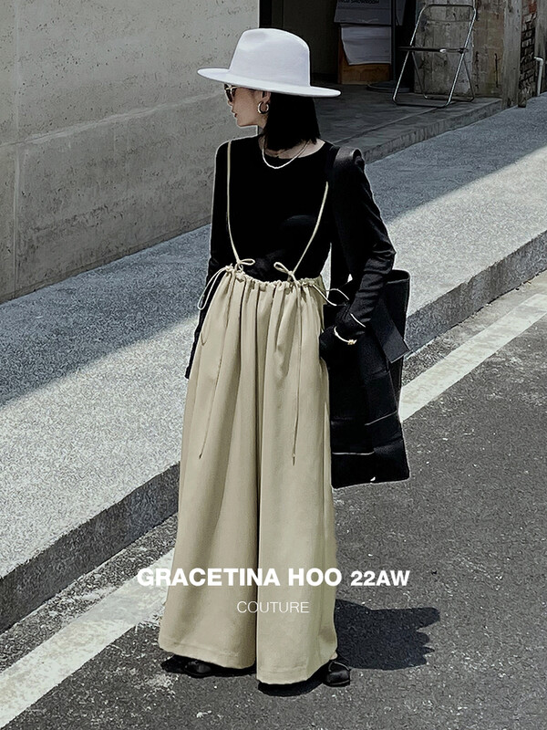 [GRACETINA HOO] Multi-wear method niche elastic waist thin strap design wide-leg casual pants K9223