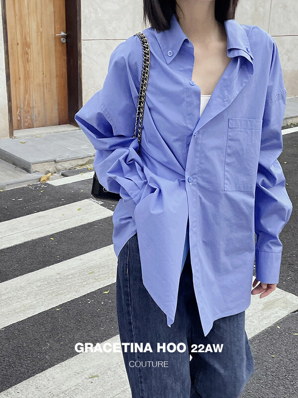 【GRACETINA HOO】Nice asymmetrical neckline long-sleeved shirt (various ways to wear side buttons) CS3270# CQW