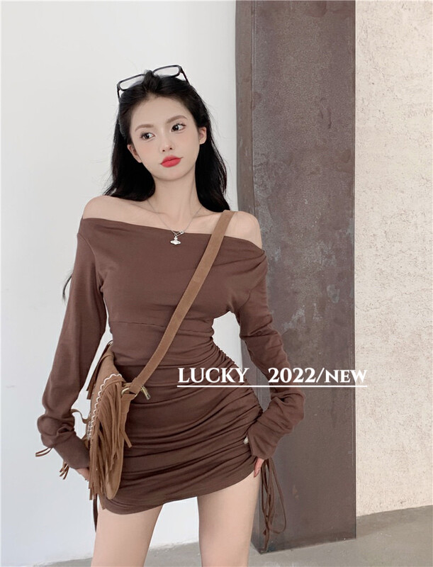 Autumn is new!【LUCKY】One-shoulder drawstring pleated hot girl dress 9415# ZXX